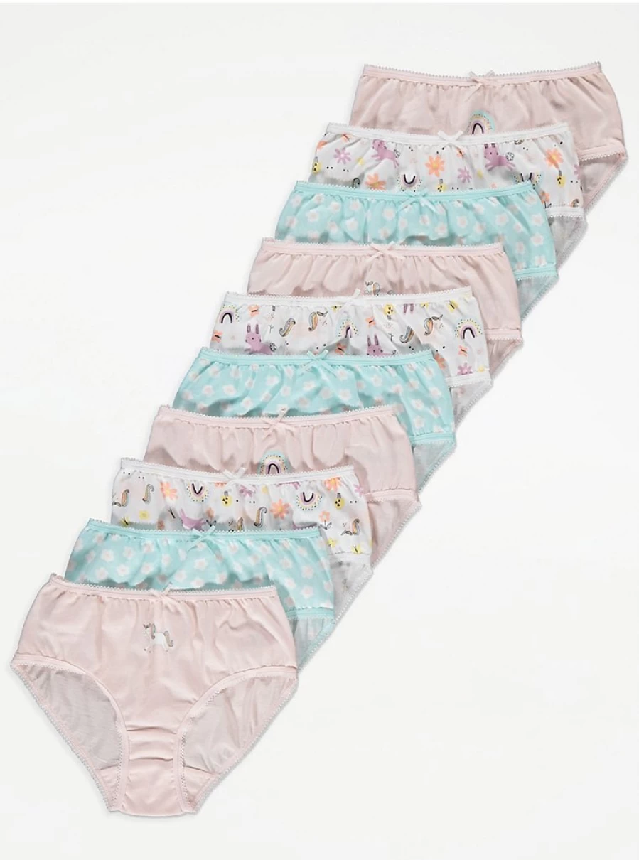 "George at Asda Kids Unicorn Flower Knickers 10-Pack | Soft Cotton Underwear for Girls"