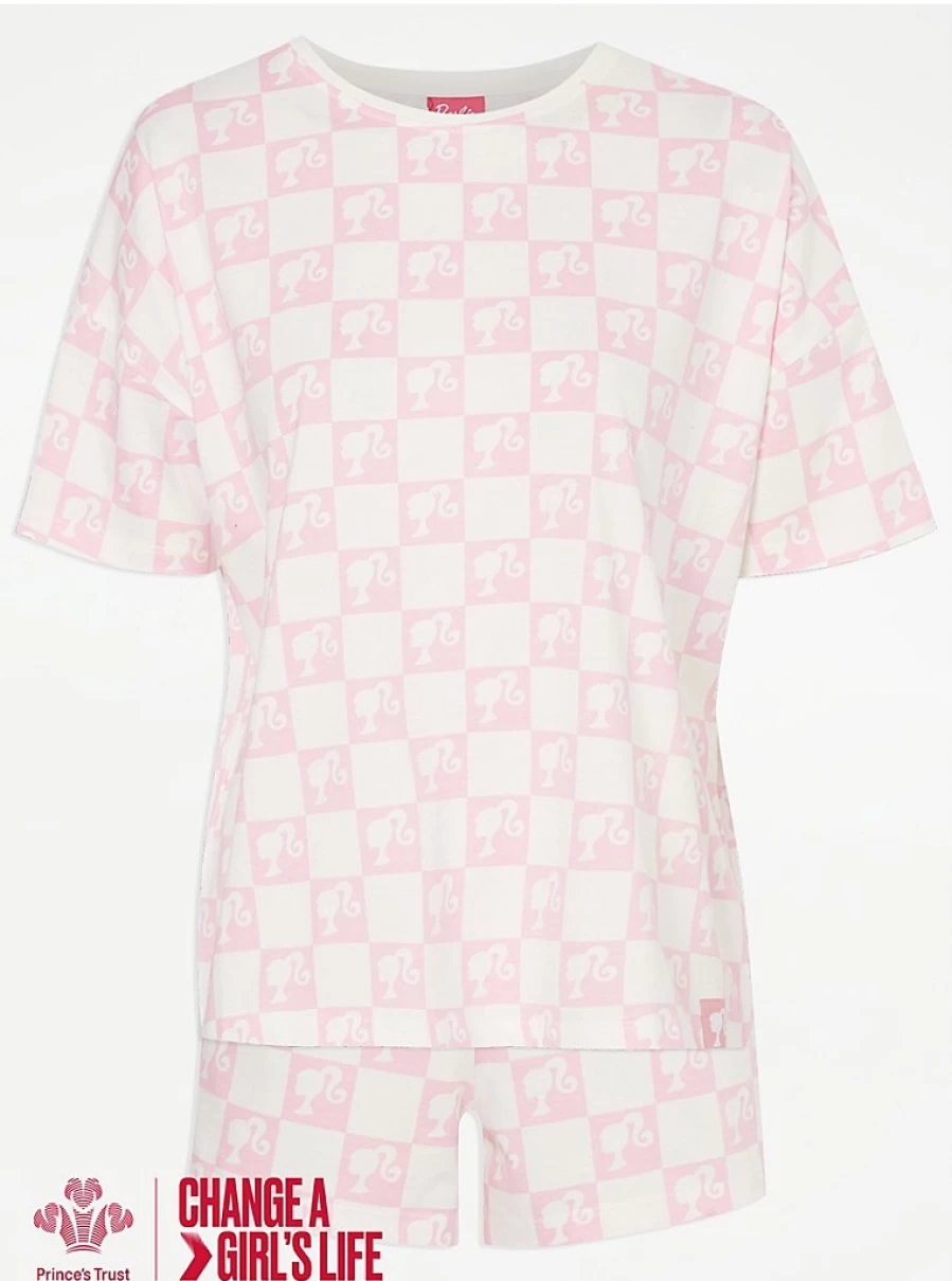 George at Asda Barbie Checked Short Pyjama Set - Pink Plaid Sleepwear for Women & Girls