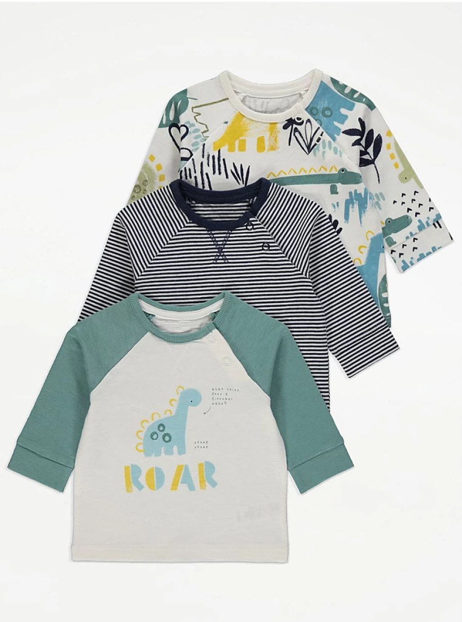 George at Asda Baby Boys/Girls Dinosaur Print Long Sleeve Tops 3-Pack Set