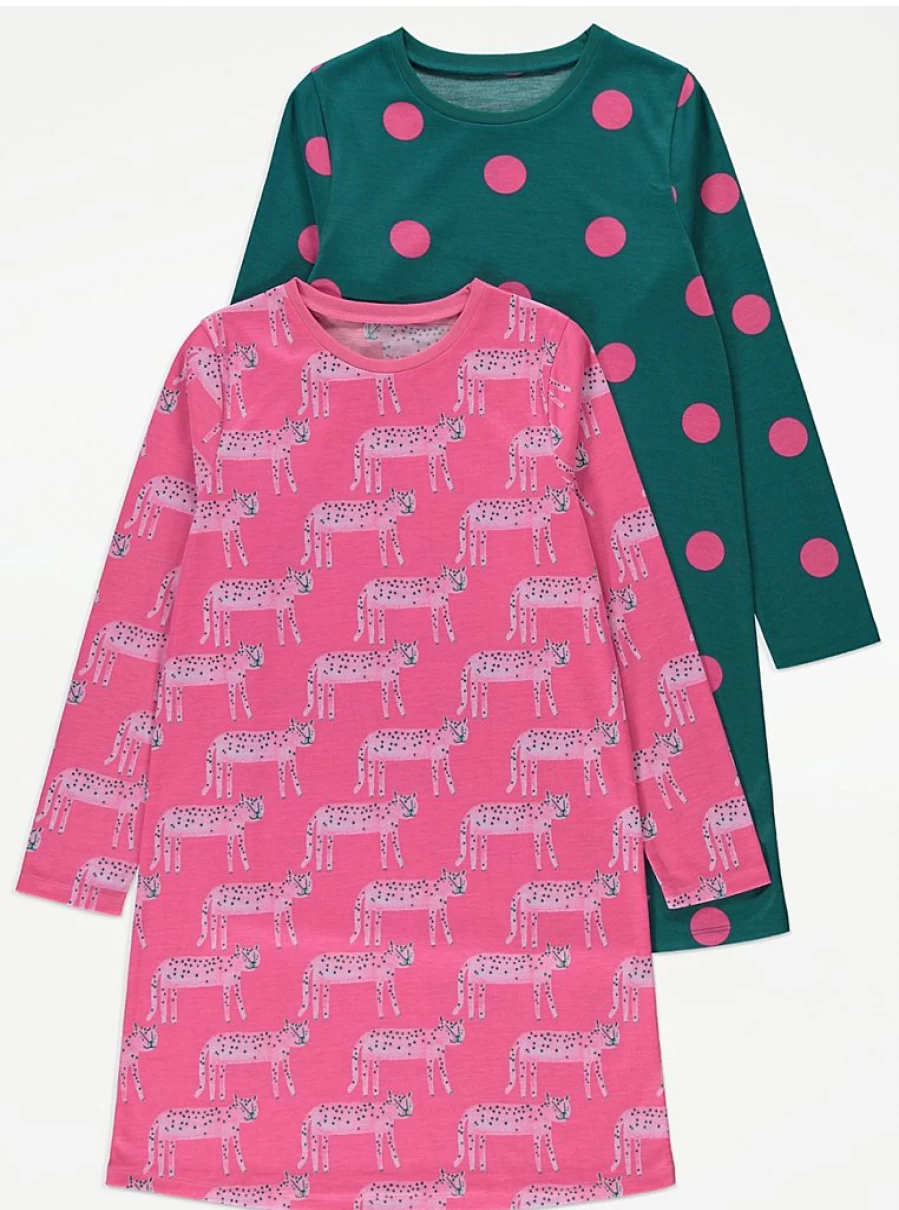 "George at Asda Kids' 2-Pack Leopard & Spot Print Long Sleeve Nightdresses"
