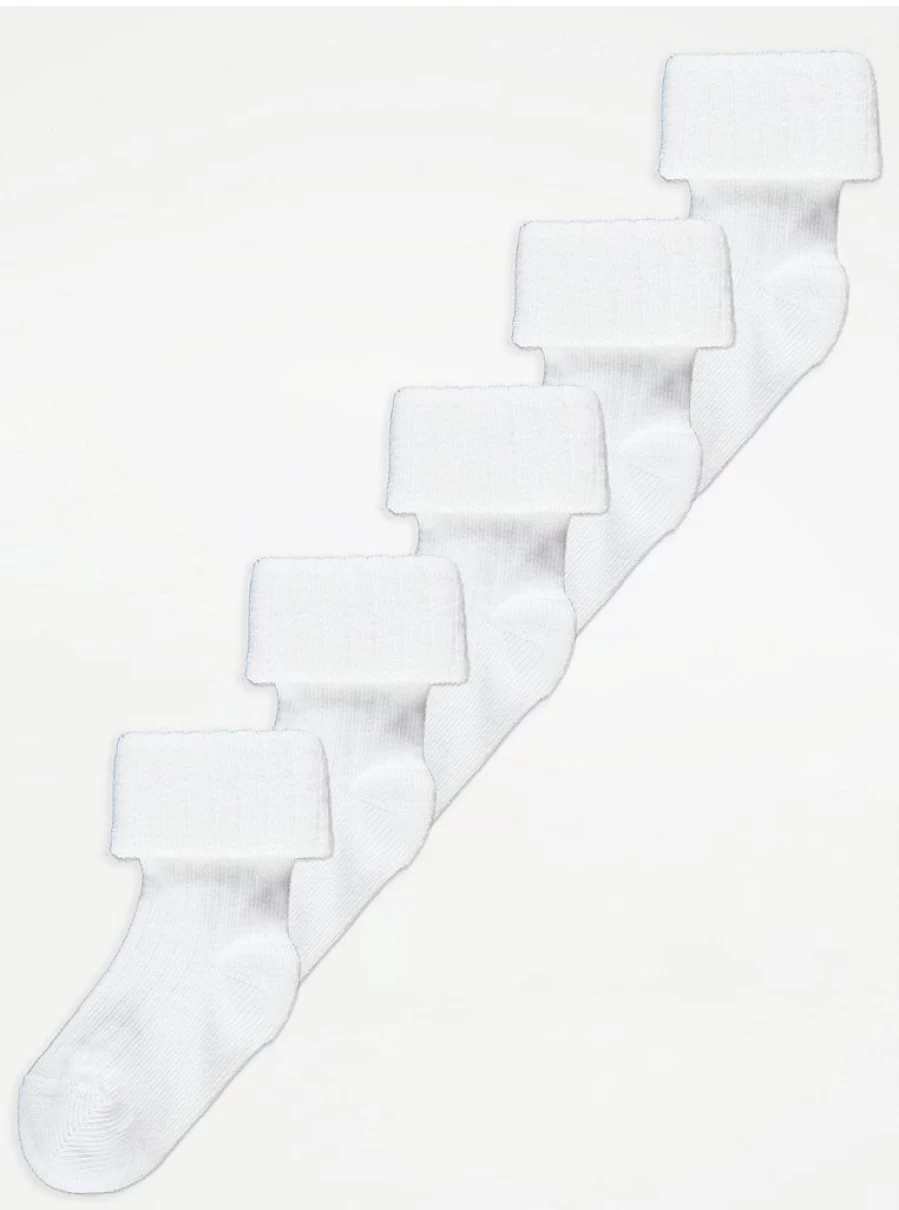 "George at Asda Baby White Ribbed Fold Over Socks 5-Pack – Soft & Comfortable"