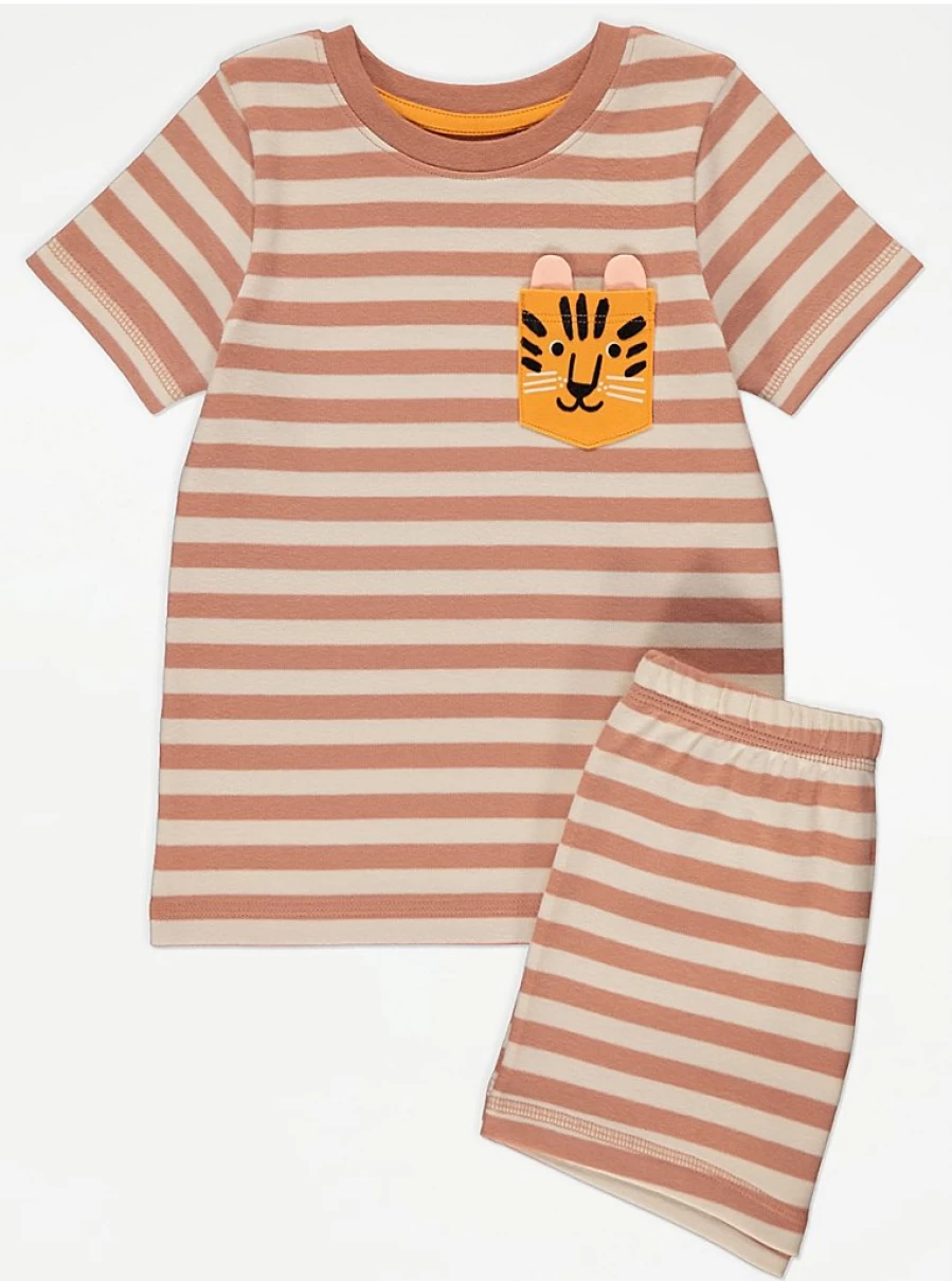 "George at Asda Kids' Striped Tiger Fleece Pocket Short Pyjamas – Comfortable & Fun Sleepwear"