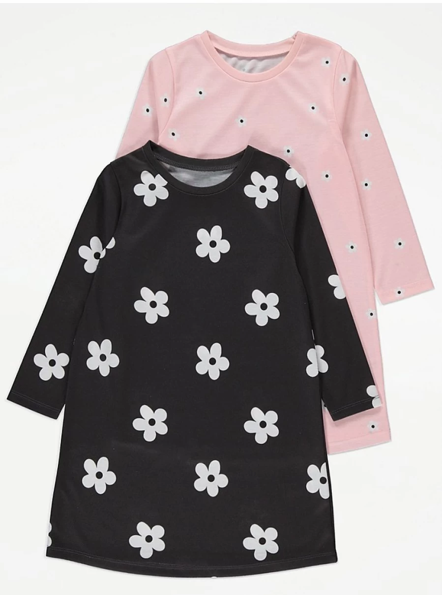 "George at Asda Kids Retro Flower Long Sleeve Nightdresses 2-Pack | Comfortable Pajama Set for Girls"