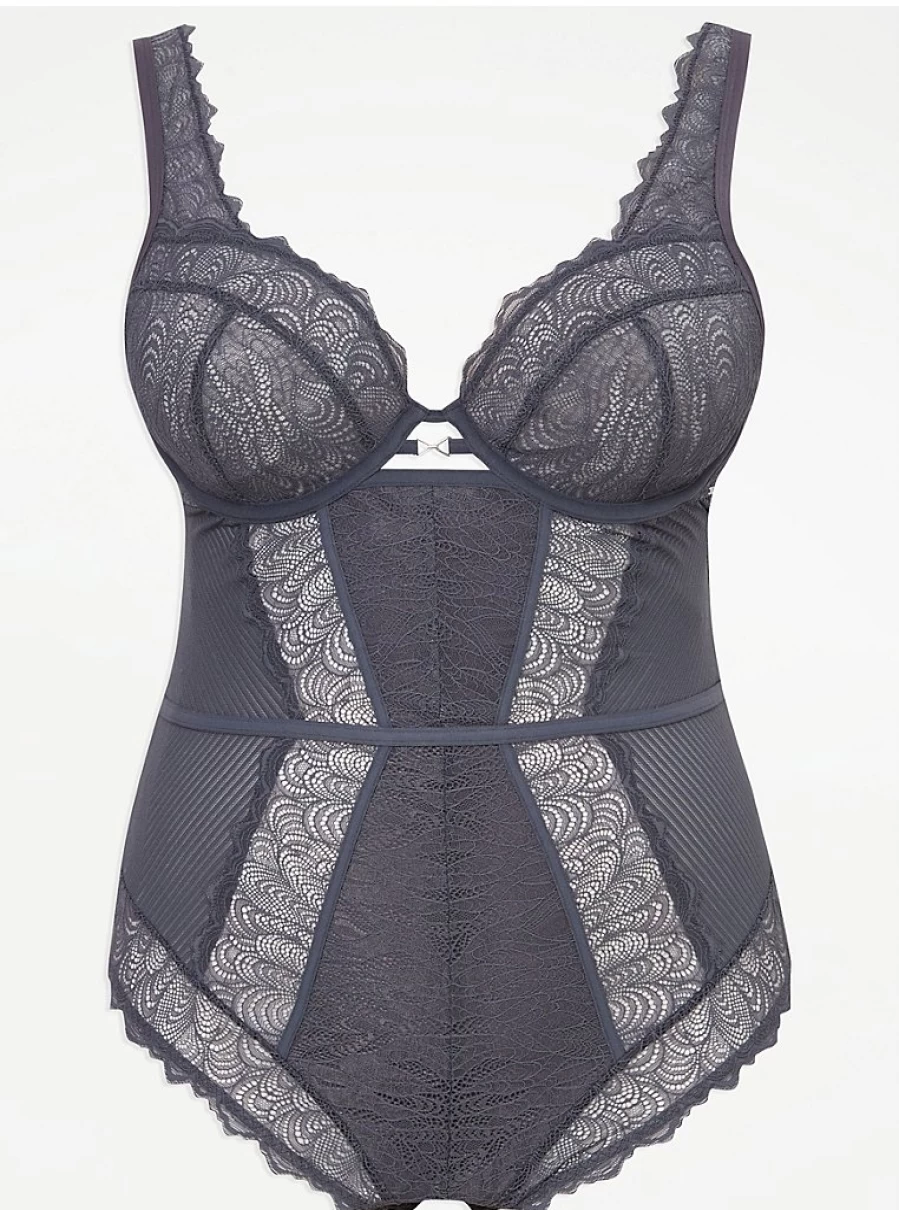 "George at Asda Women's Entice Charcoal Scallop Lace Lingerie Body | Comfortable & Stylish"