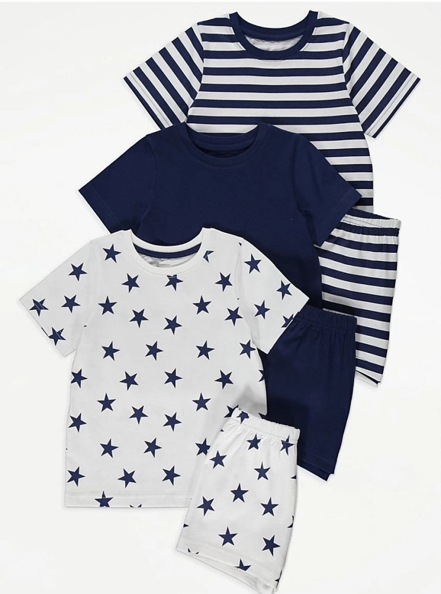 Boys' Navy Star Stripe Short Pyjamas 3-Pack | George at Asda | Comfortable Kids' Sleepwear