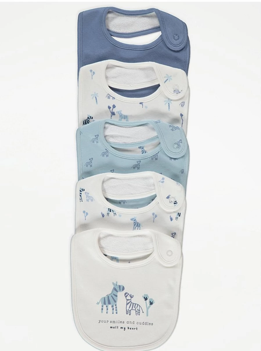 George at Asda Baby Blue Zebra Slogan Bibs 5-Pack - Soft, Absorbent & Adorable Feeding Essentials