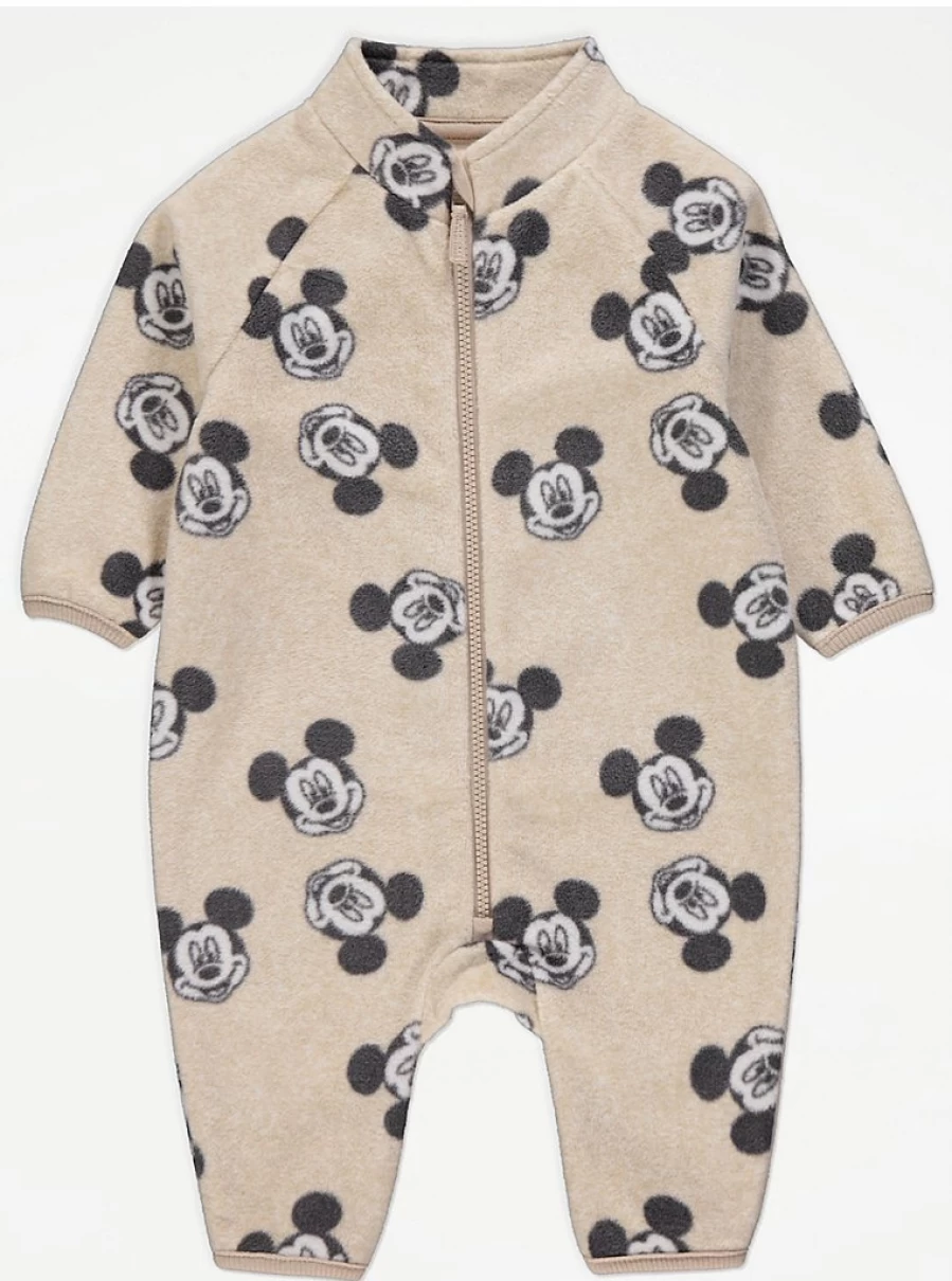 George at Asda Boys' Mickey Mouse Fleece Zip-Up Onesie | Disney Baby Romper | Neutral Jumpsuit
