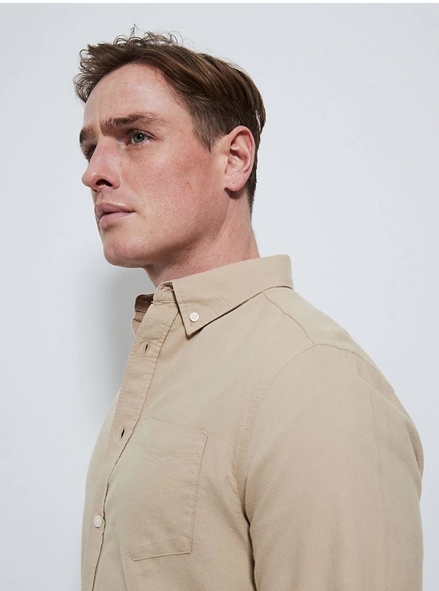 Men's Slim Fit Oxford Shirt Long Sleeve by George at Asda | Stone Color Formal Wear