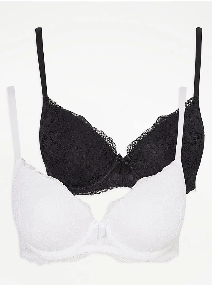 "George at Asda Women's Monochrome Lace T-Shirt Bras 2-Pack | Comfortable Lingerie Set"