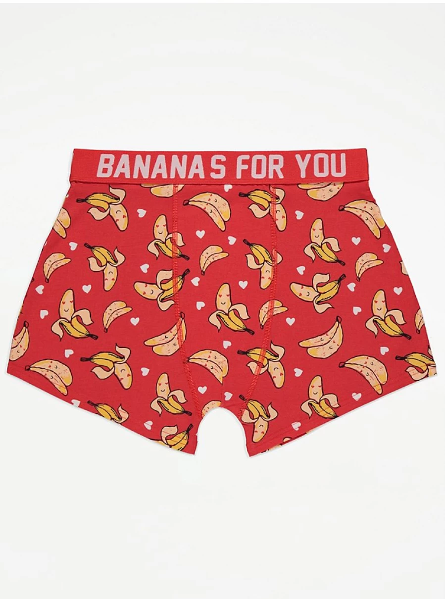 George at Asda Men's Red Heart Eye Banana Print Boxer Shorts - Comfortable & Stylish Underwear