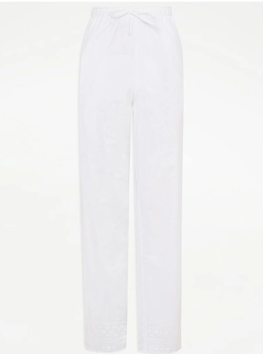 "George at Asda Women's White Embroidered Hem Woven Pyjama Pants | Comfortable Sleepwear & Loungewear"