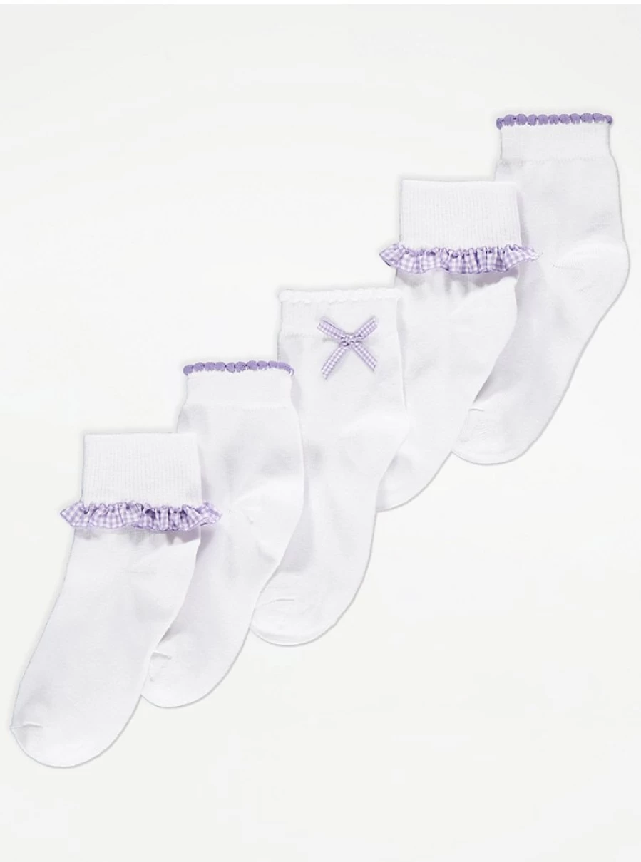"George at Asda Kids' 5-Pack Lilac Gingham Ankle Socks | Comfortable & Stylish"