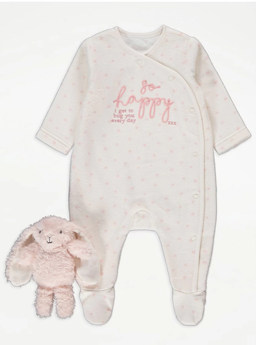 "George at Asda Baby White 'So Happy' Slogan Sleepsuit with Plush Bunny Set – Reviews & Features"