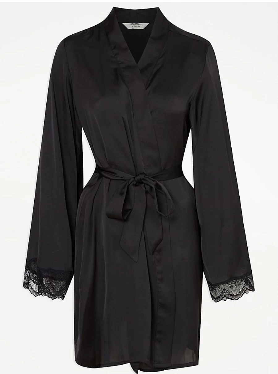 Black Satin Lace Trim Dressing Gown by George at Asda | Women's Lingerie Robe Review