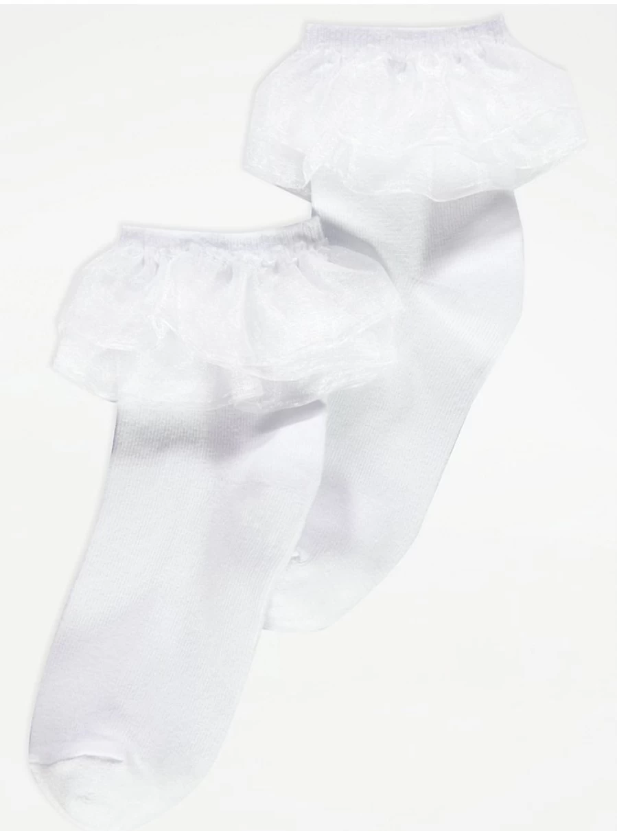 "George at Asda Kids' White Cotton Ankle Socks with Tulle Frill Detail"