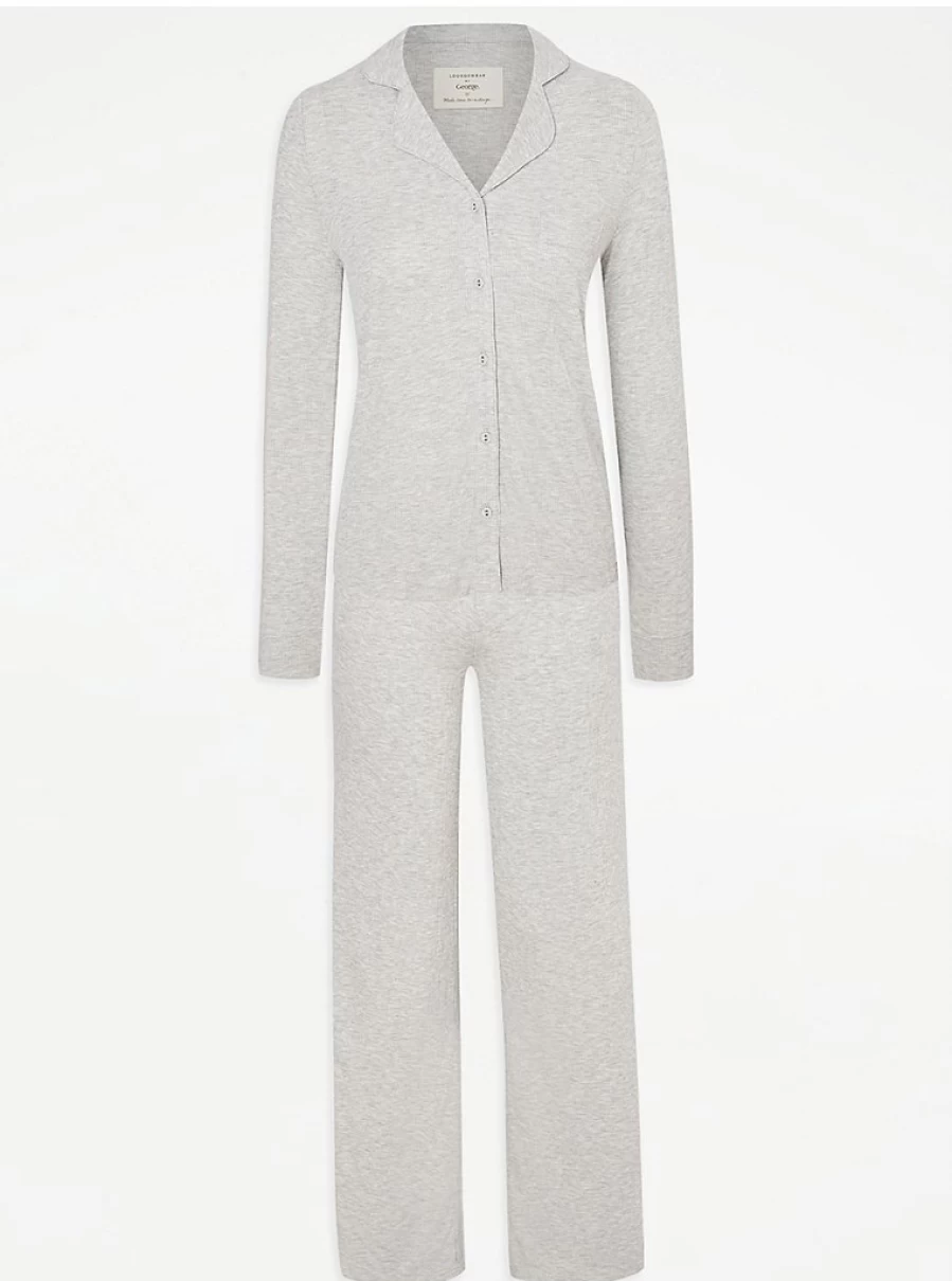 "George at Asda Grey Ribbed Long Sleeve Pyjama Set – Comfortable Lingerie Sleepwear"