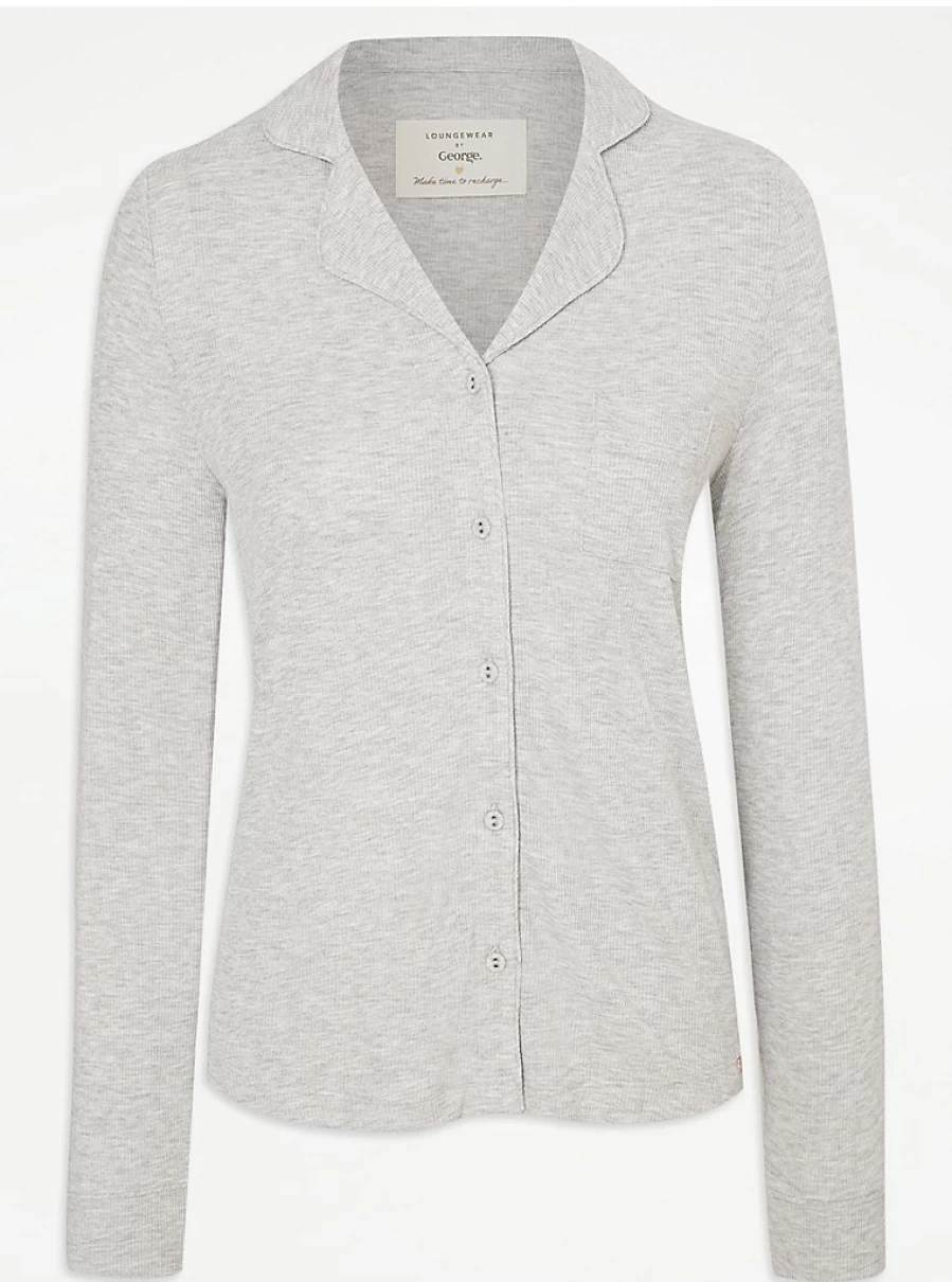 "George at Asda Grey Ribbed Long Sleeve Pyjama Set – Comfortable Lingerie Sleepwear"