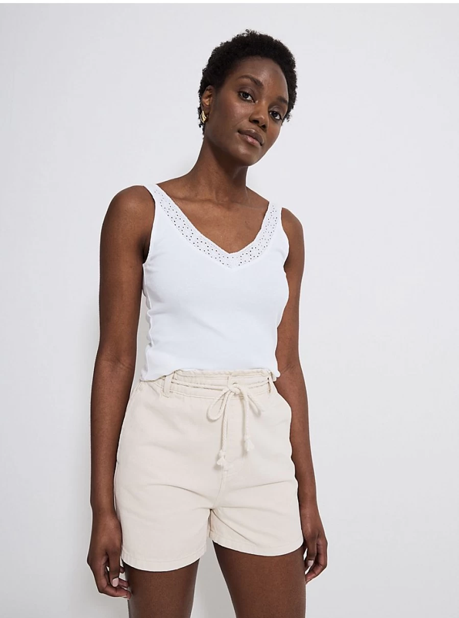 "George at Asda Women's White V-Neck Ribbed Vest with Embroidered Trim – Comfort & Style"