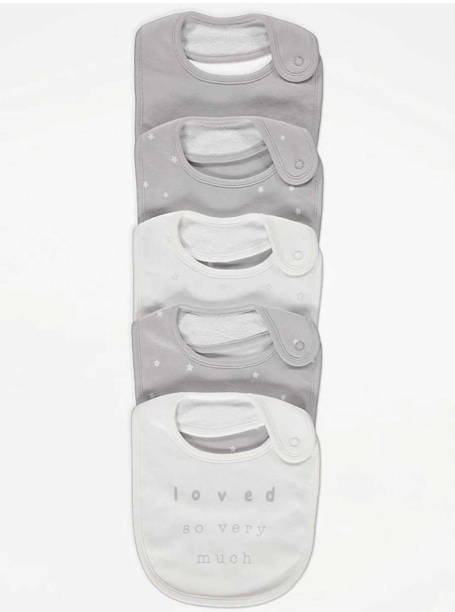George at Asda Baby Grey Star Slogan Bibs 5-Pack - Soft, Absorbent & Washable