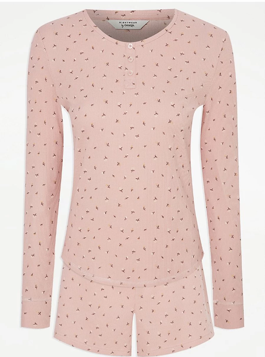 "George at Asda Women's Pink Floral Waffle Long Sleeve Short Pajama Set - Comfortable Sleepwear & Loungewear"