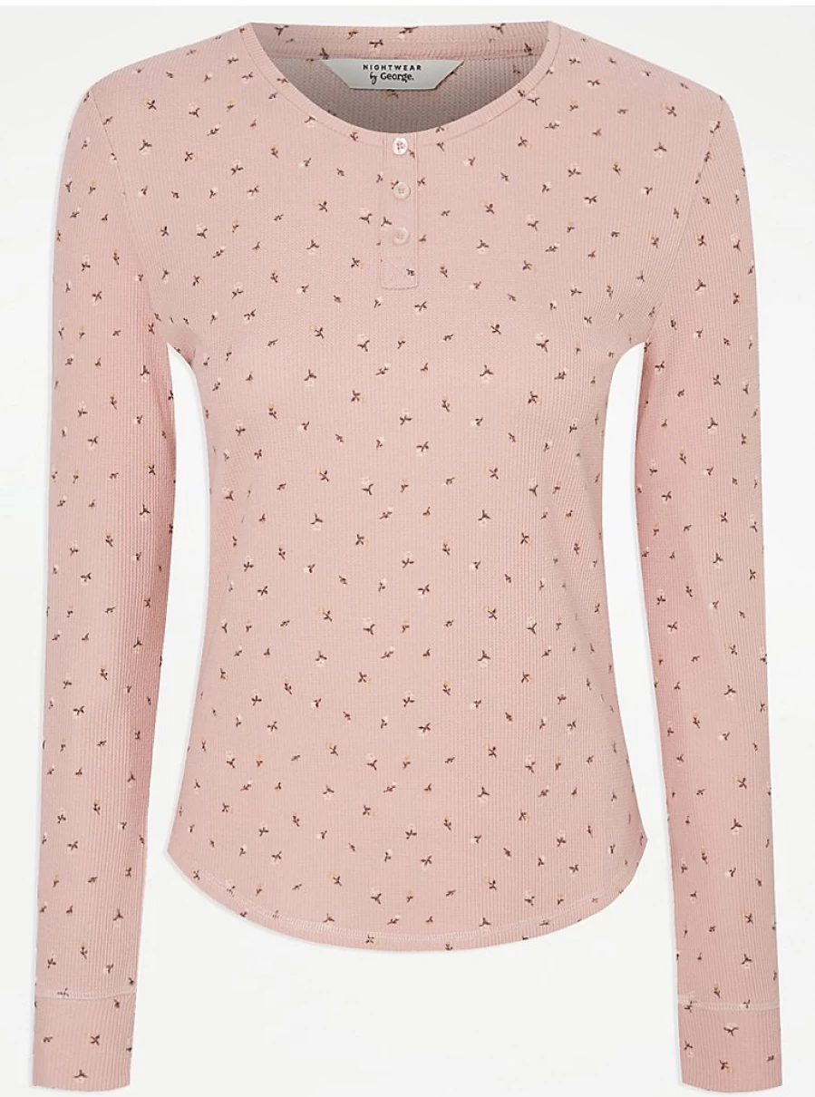 "George at Asda Women's Pink Floral Waffle Long Sleeve Short Pajama Set - Comfortable Sleepwear & Loungewear"