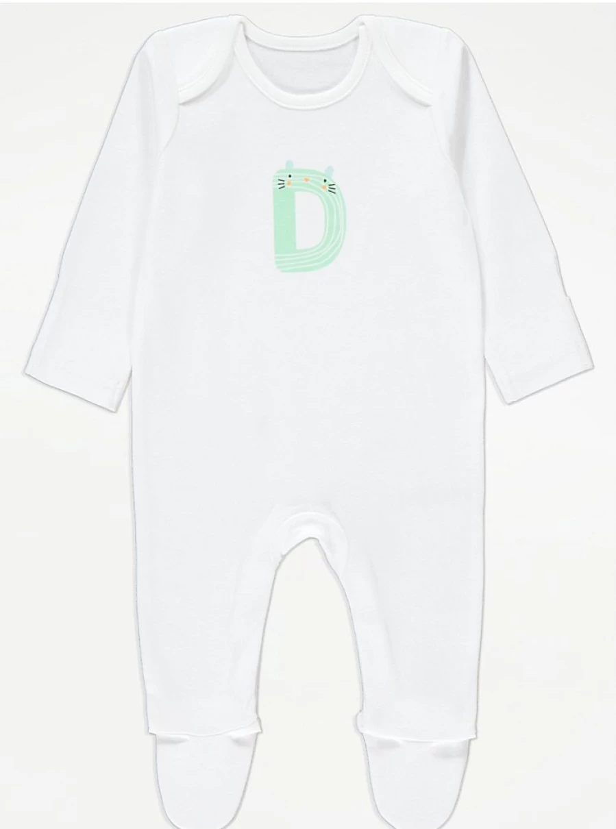 "George at Asda Baby White Animal Letter D Sleepsuit – Comfortable & Cute Sleepwear for Infants"