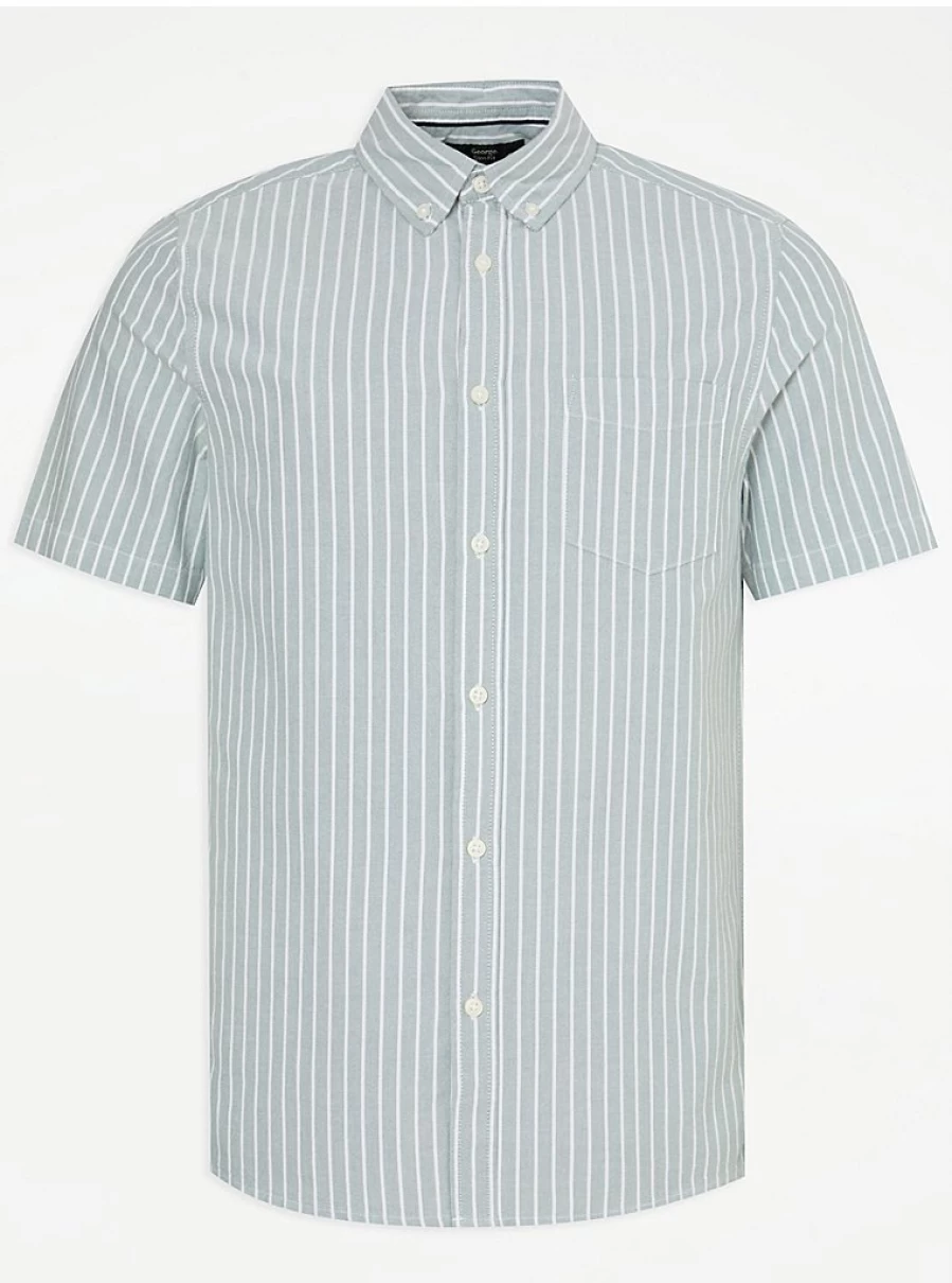 Men's Slim Fit Sage Green Striped Oxford Shirt by George at Asda – Comfort & Style