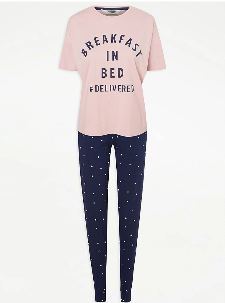 "George at Asda Pink Short Sleeve Pyjamas for Women - Comfortable Breakfast in Bed Sleepwear"