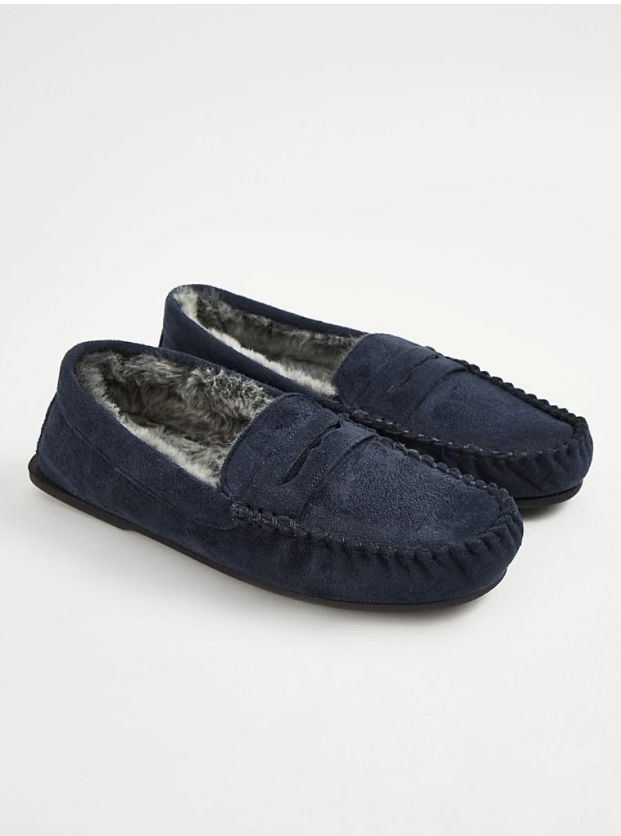 Men's Navy Faux Fur Lined Moccasin Slippers by George at Asda – Warm Comfortable House Shoes
