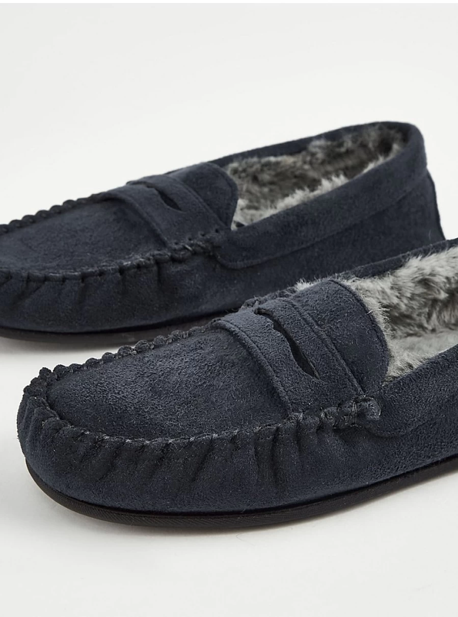 Men's Navy Faux Fur Lined Moccasin Slippers by George at Asda – Warm Comfortable House Shoes