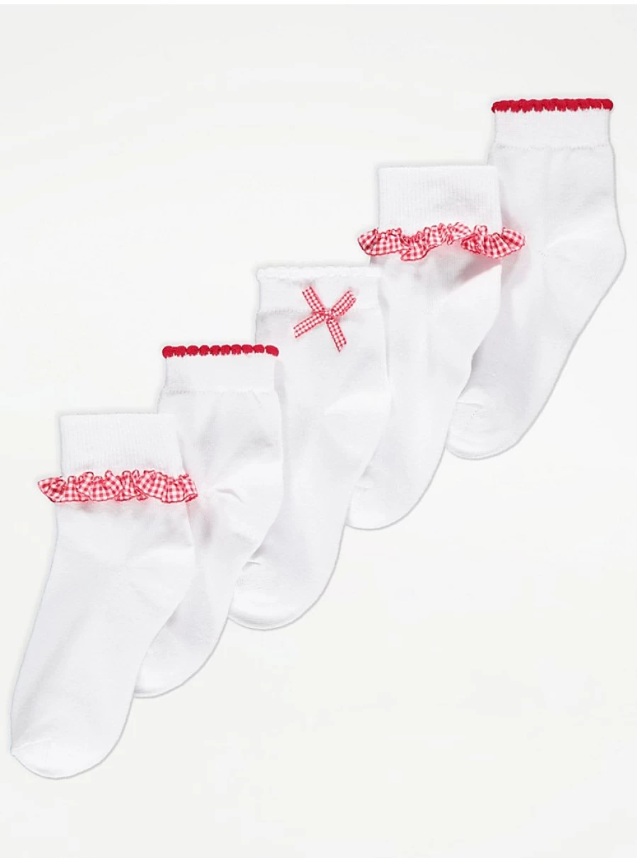 "George at Asda Red Gingham Trim Ankle Socks 5-Pack for Kids | Comfortable & Stylish"