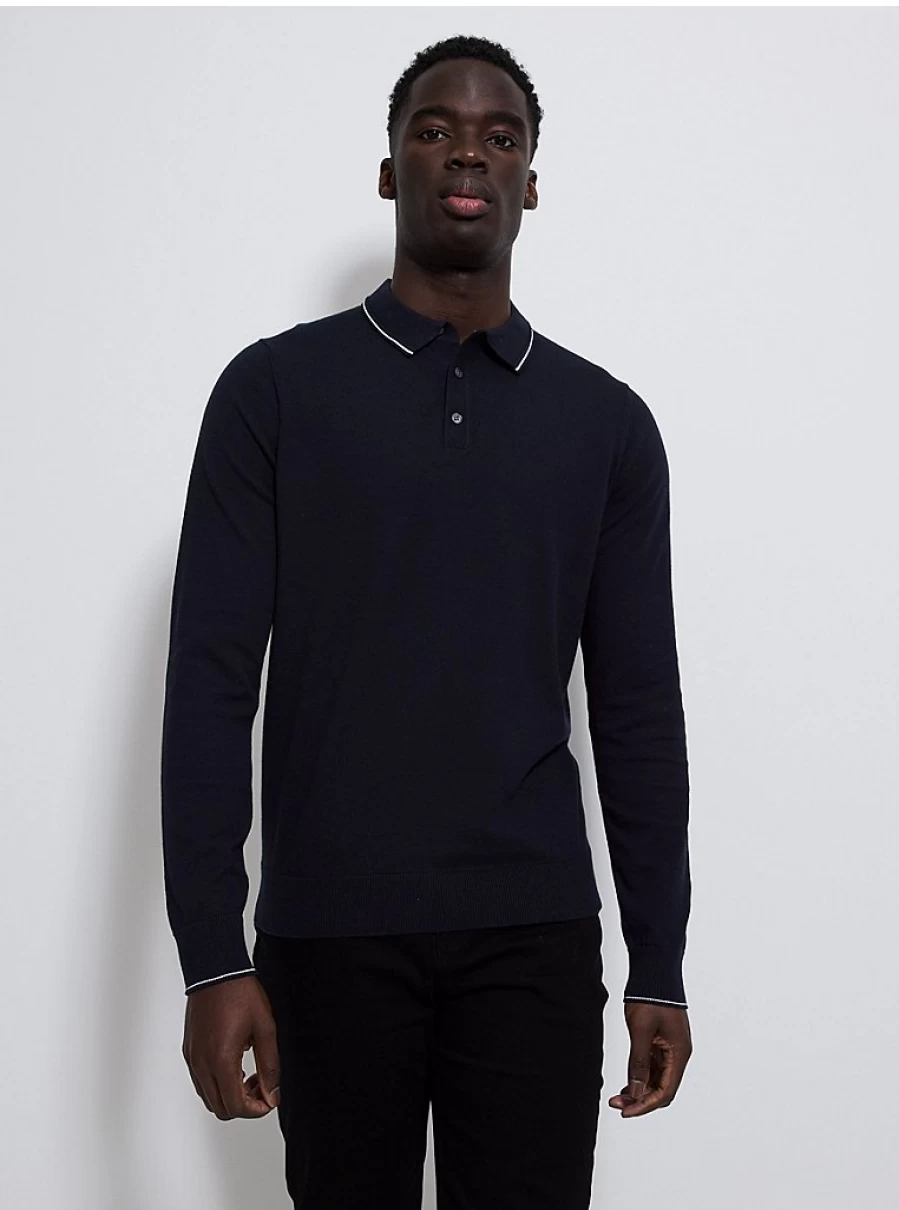 Men's Navy Long Sleeve Knit Polo Shirt | George at Asda | Comfort Fit Casual Top