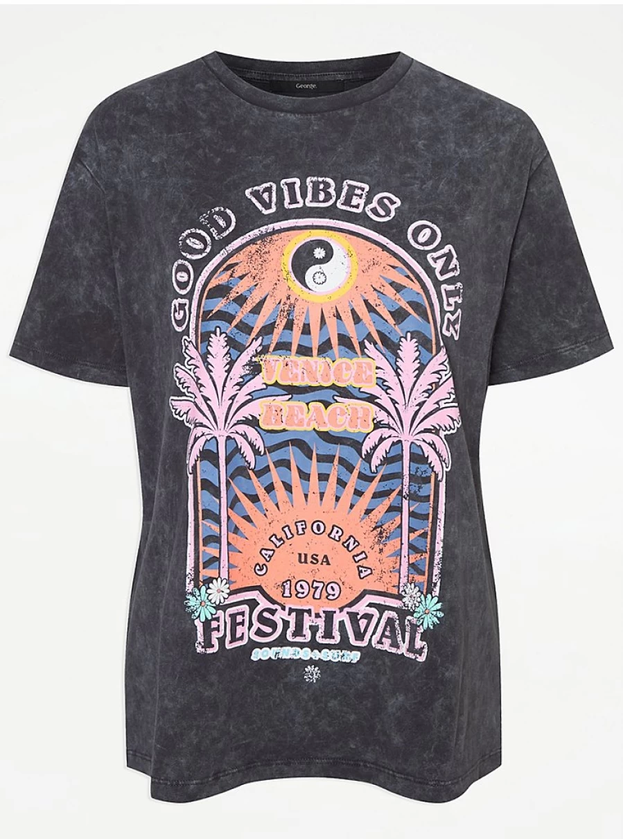 "George at Asda Women's Charcoal Good Vibes Festival T-Shirt | Comfortable & Stylish"