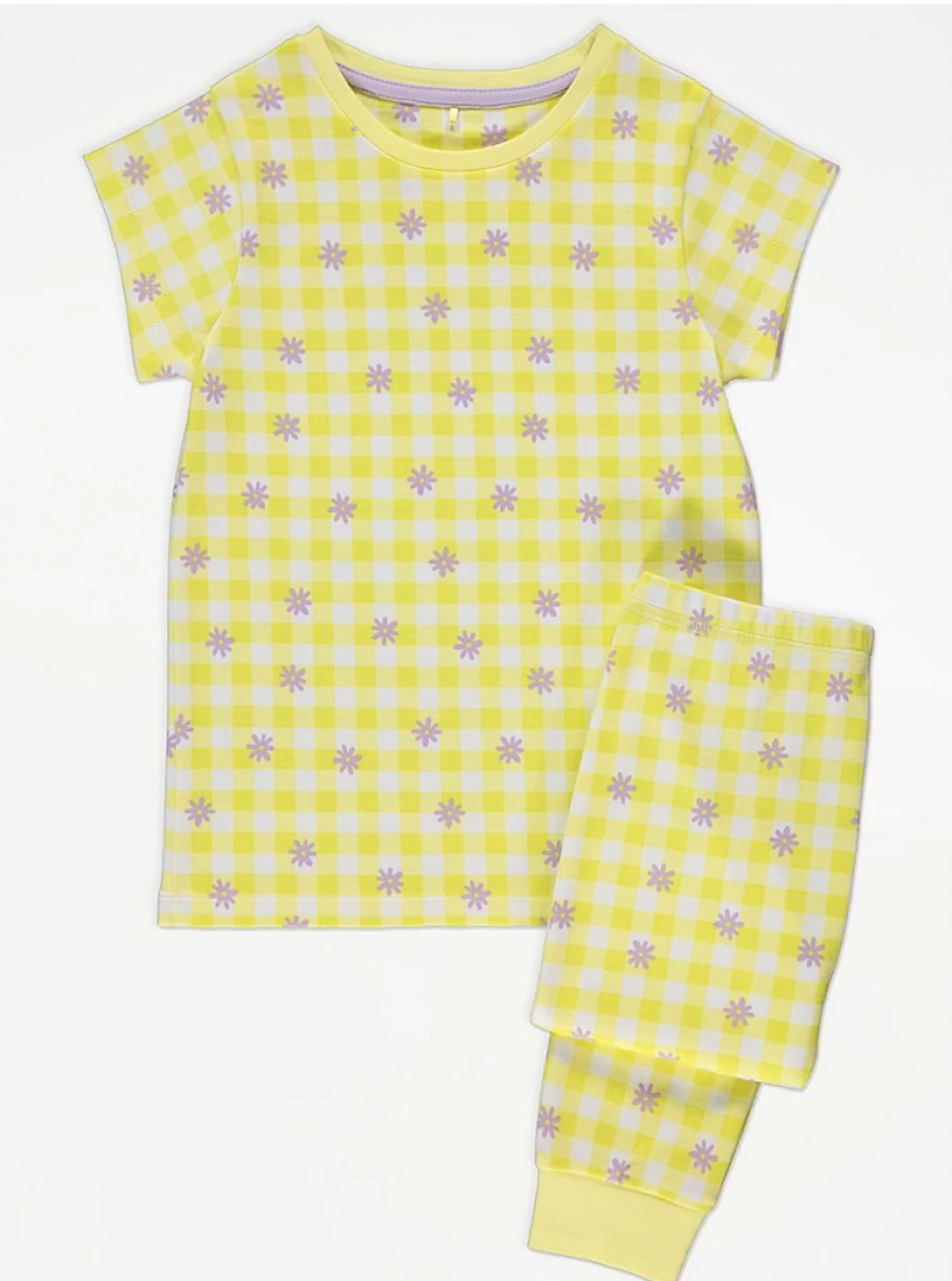 "George at Asda Kids' Yellow Gingham Daisy Print Short Sleeve Pyjamas – Comfortable & Stylish"