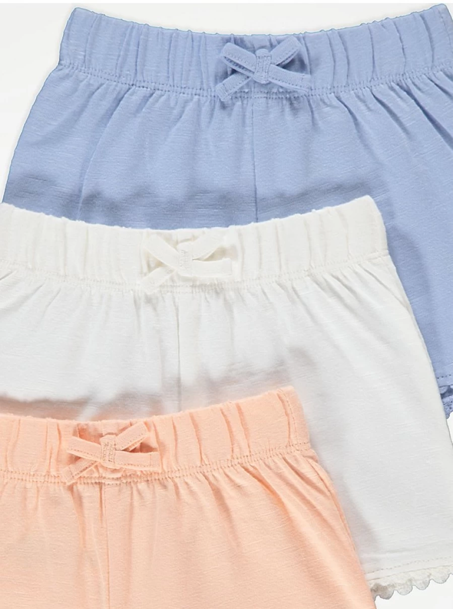 "George at Asda Baby Pastel Embroidery Trim Shorts 3-Pack | Soft Cotton Shorts for Infants"