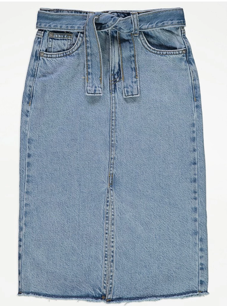 "George at Asda Kids' Light Wash Denim Midi Skirt with Belt - Stylish & Comfortable"