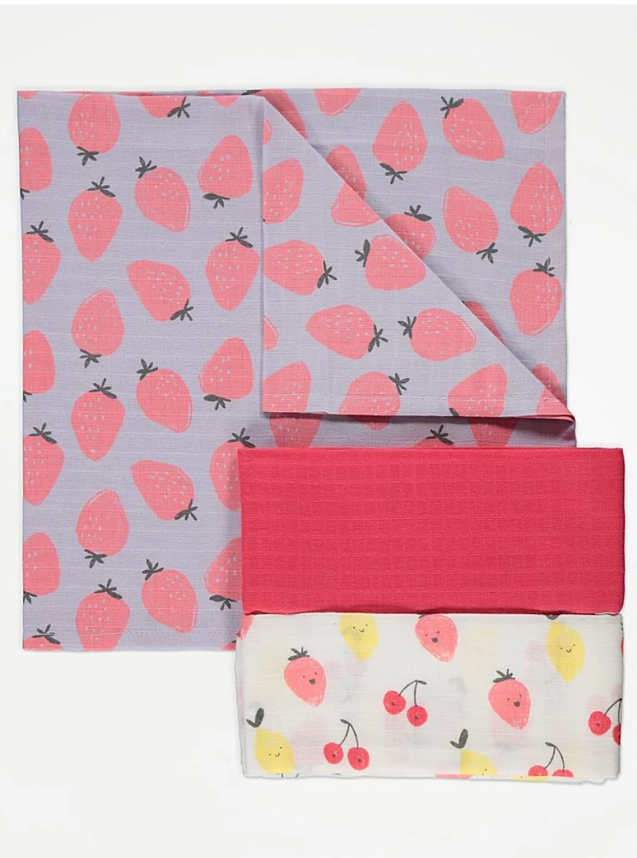 George at Asda Baby Muslin Cloths 3 Pack - Soft Bright Fruit Print Burp Cloths for Newborns