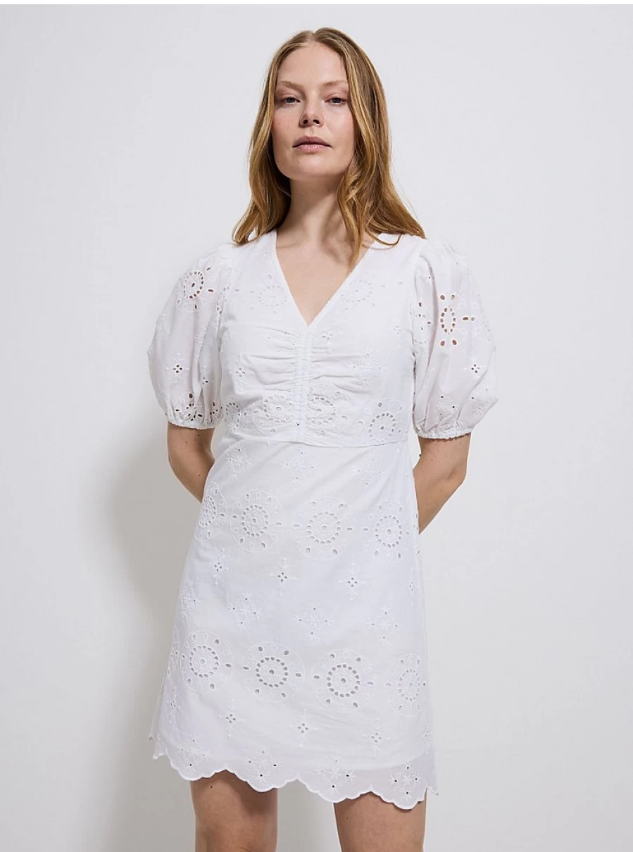 "George at Asda Women's White Embroidered Ruched Mini Dress – Stylish & Comfortable Fit"