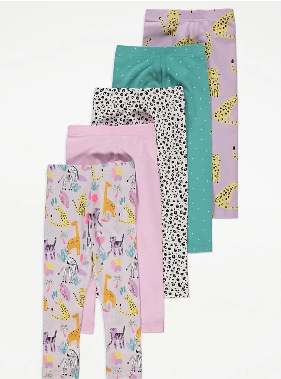 "George at Asda Kids' Safari Animal Print Leggings 5-Pack | Comfortable & Fun Design"