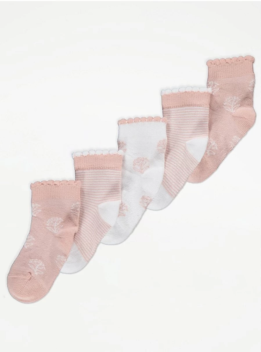 "George at Asda Baby Cotton Socks 5-Pack - Soft Floral Blush Striped Design"