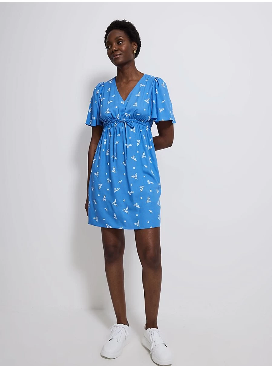 Women's Blue Ditsy Floral Print Short Sleeve Mini Summer Dress | George at Asda