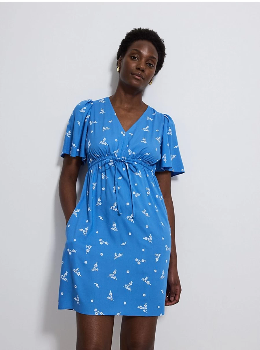 Women's Blue Ditsy Floral Print Short Sleeve Mini Summer Dress | George at Asda