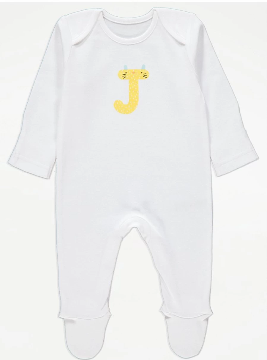 "George at Asda Baby White Animal Letter J Sleepsuit – Soft & Comfortable Sleepwear for Infants"
