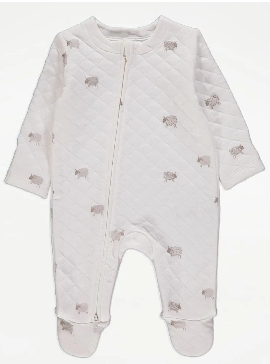 "George at Asda Baby White Sheep Quilted 2-Way Zip Sleepsuit – Warm & Comfortable"