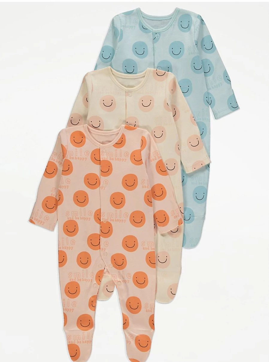 "George at Asda Baby Smiley Face Long Sleeve Sleepsuits 3-Pack – Soft & Comfortable Pajama Set"