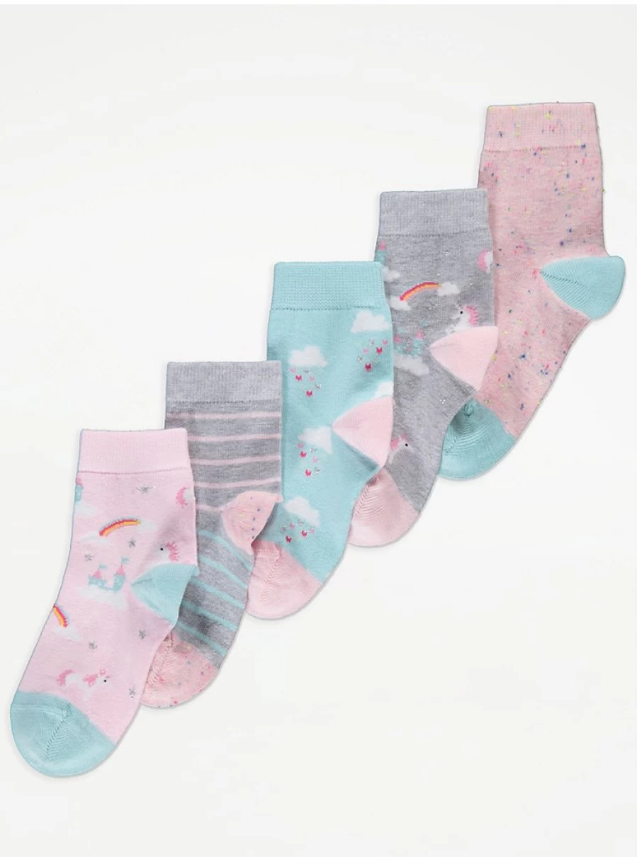 "George at Asda Kids' Unicorn Rainbow Ankle Socks - 5 Pack | Colorful & Fun"