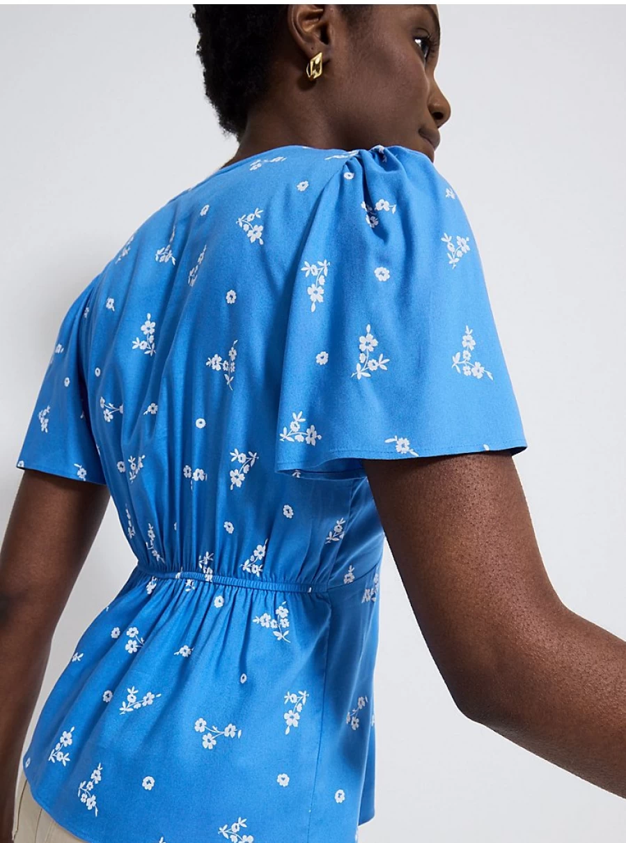 "George at Asda Women's Blue Floral V-Neck Angel Sleeve Blouse – Comfort & Style"