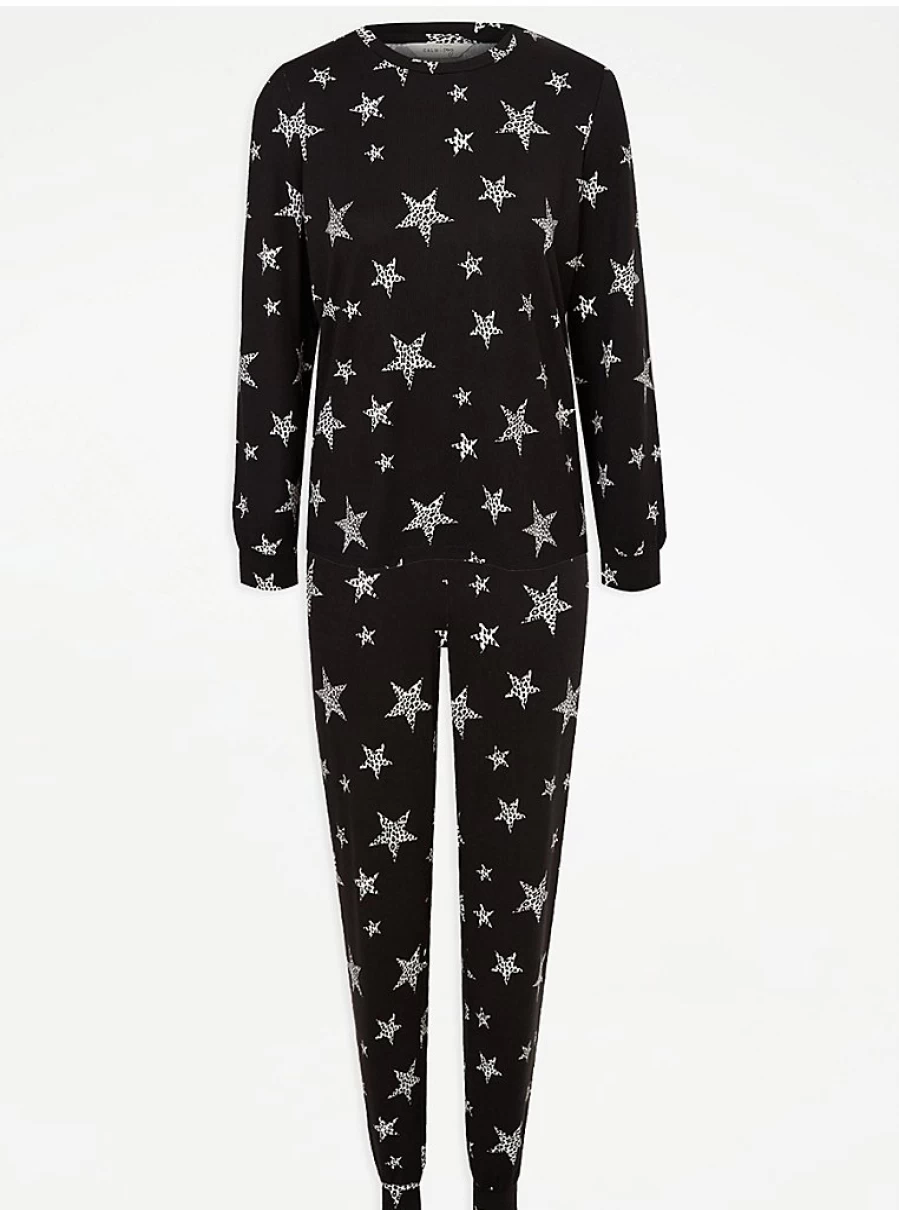 George at Asda Black Star Brushed Snit Long Sleeve Pyjama Set - Women's Loungewear & Sleepwear Gift