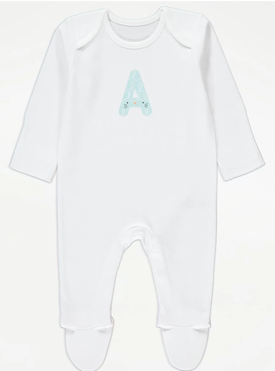 "George at Asda Baby White Animal Letter A Sleepsuit – Comfortable & Cute Sleepwear for Infants"