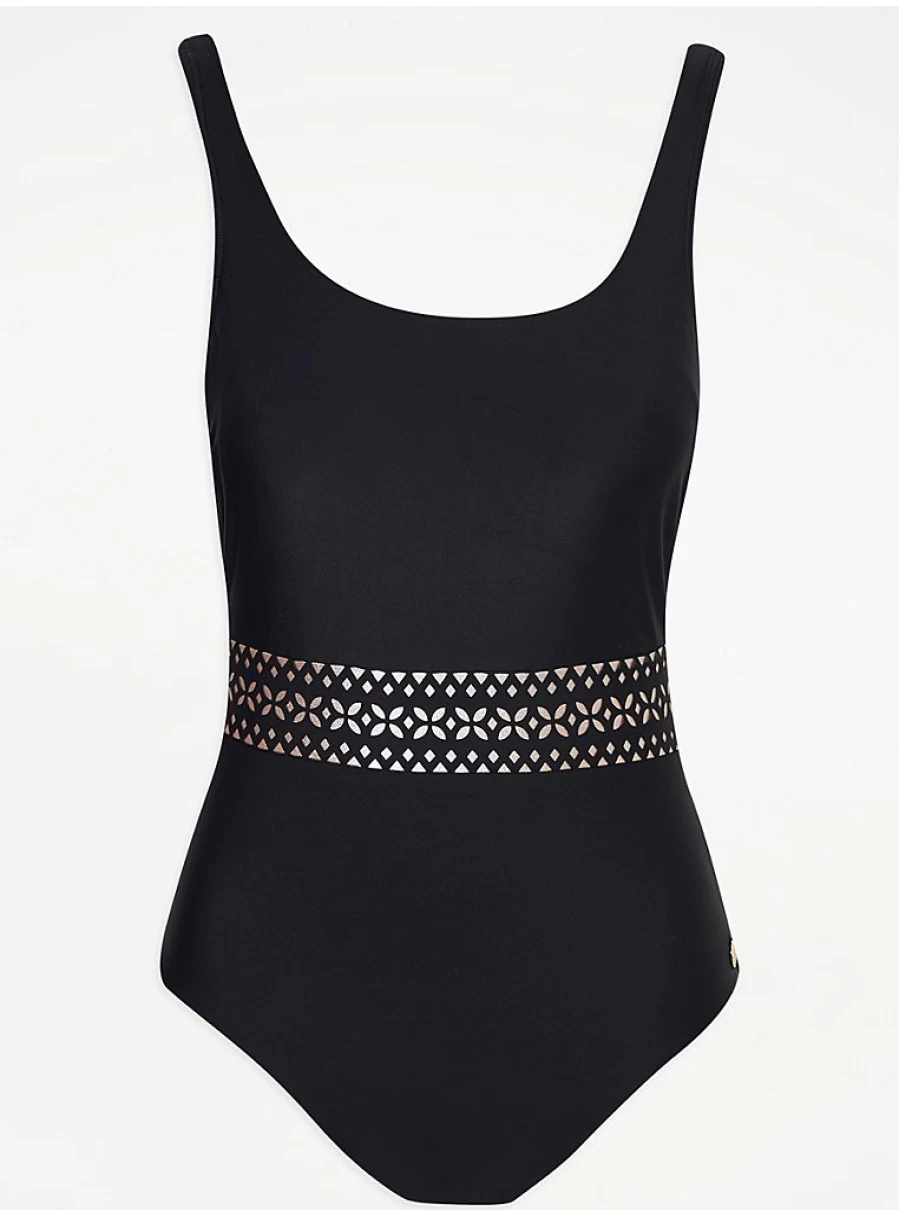 Women's Black Laser Cut Swimsuit | Stylish One-Piece Bathing Suit | George at Asda